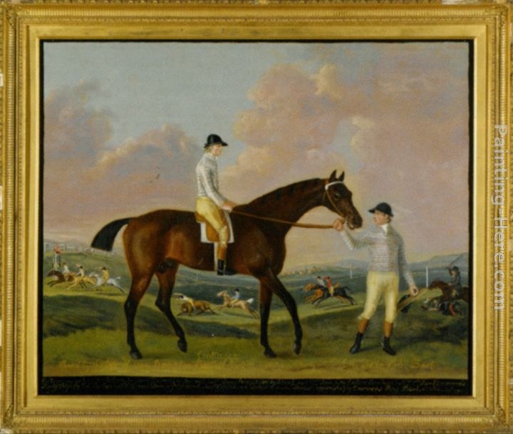 Francis Sartorius Portrait of Henry Comptons Race Horse Cottager Held by a Groom with Jockey and a Race Beyond